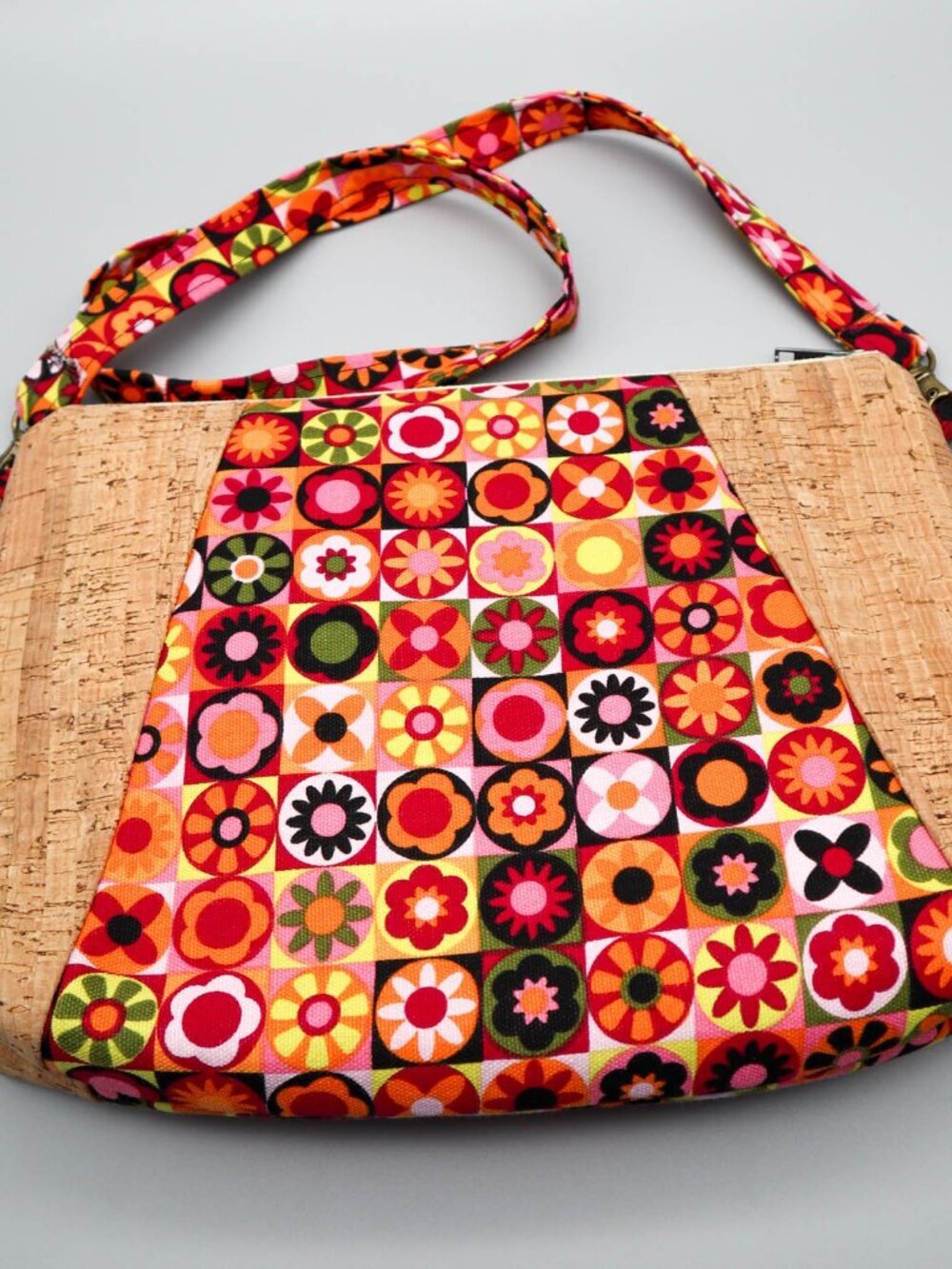 Quilted Cork & Fabric Purse Shoulder Bag Handmade Groovy Mod 60s Boho OOAK
